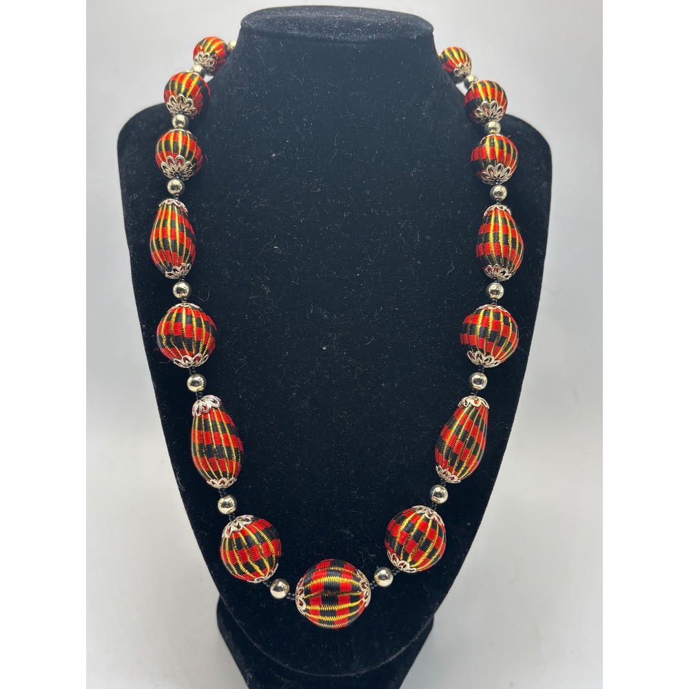 Vintage Scottish Tartan Ribbon Wrapped Bead Necklace Red Black Plaid Silver Caps